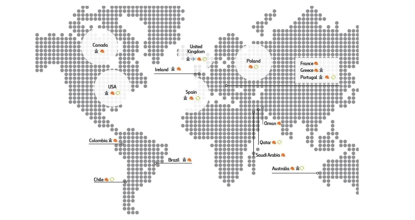 World map showing Ferrovial's markets