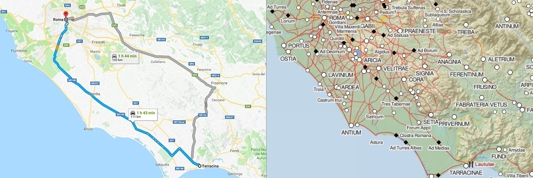 90 km distance and route between Rome and Terracina