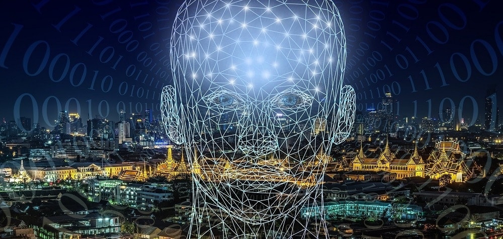  An image of the head of a virtual human being with many points plotted as a data union. City background