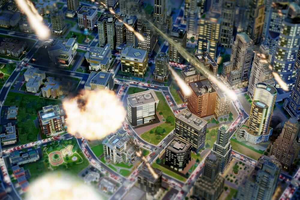 Imagen actualizada de las últimas versiones del juego, ciudad vista desde arriba como si estuvieran cayendo meteoritos