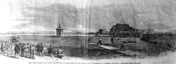 Partido entre el Philadelphia Athletics y el Brooklyn Resolute en Union Grounds, Brooklyn (1865)