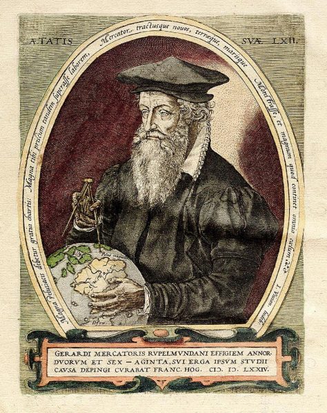 Painting by Frans Hogenberg of Mercator pointing to the magnetic north pole.