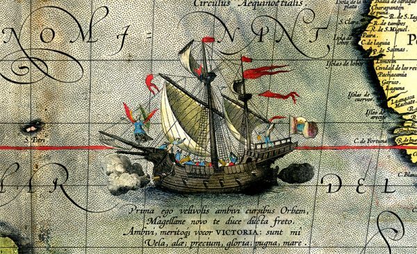 Detail of a map showing Magellan’s ship Victoria on his expedition across the Pacific Ocean. Wikimedia.