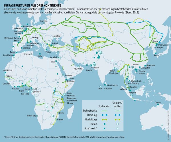 The New Silk Road in its railway and maritime deployment.