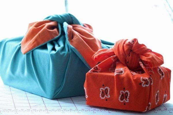 Gifts wrapped with the Japanese technique of furoshiki.