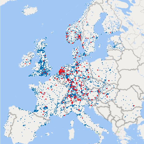 Distribución de puntos de recarga rápida en Europa 