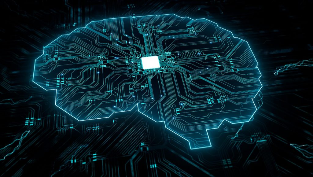 Brain representing artificial intelligence with printed circuit board