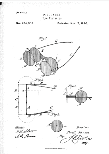 Powell Johnson's first patent of eye protector[s]” in 1880