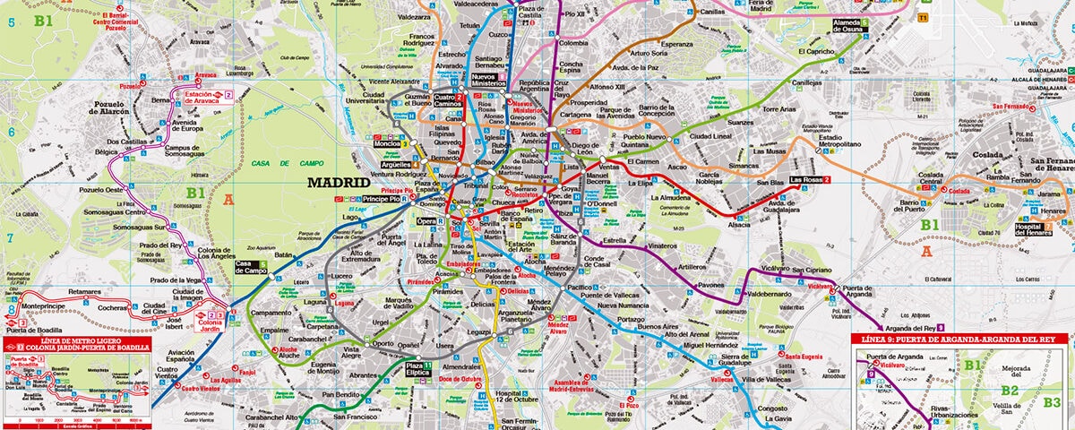 Plano de Metro de Madrid con base cartográfica