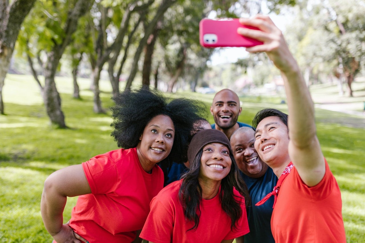 A team taking photos on a team-building exercise.