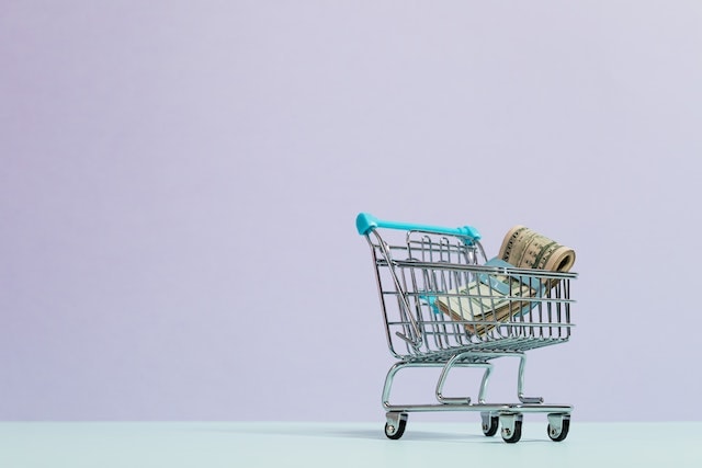 A miniature shopping cart with money in it.