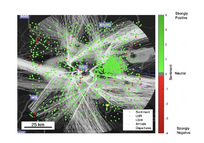 Distribución espacial del sentimiento de los tweets en un radio de 50 millas de Heathrow