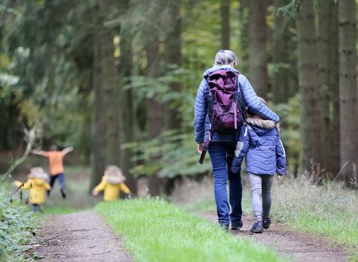 Familia paseando en el bosque