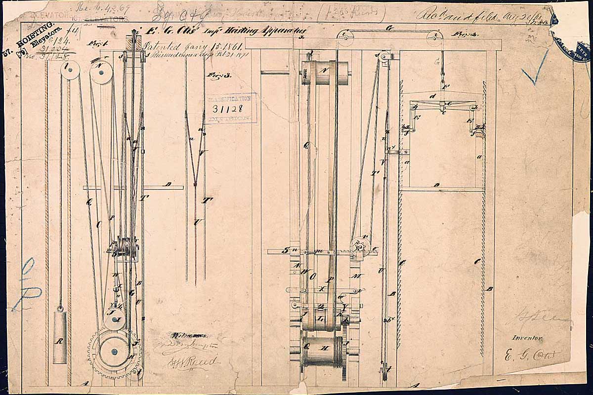Diseño del ascensor de Elisha Graves Otis tal y como figura en su patente