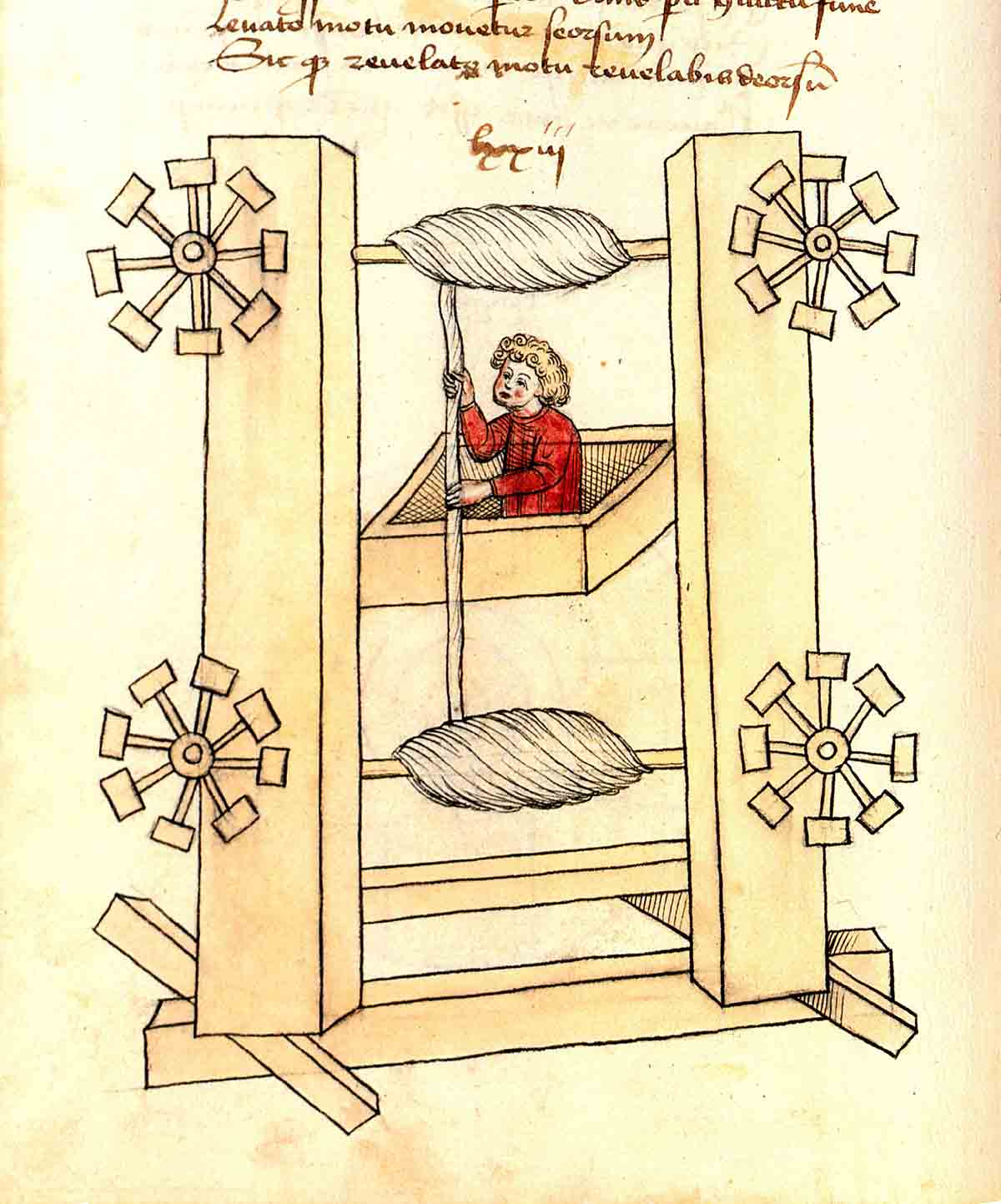 Image of the elevator designed by engineer Konrad Kyeser in the 15th century
