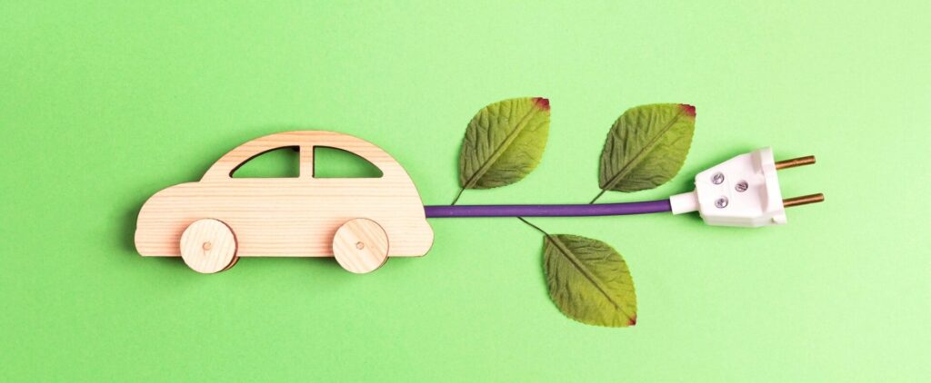 coche de madera con un enchufe y unas hojas de arbol
