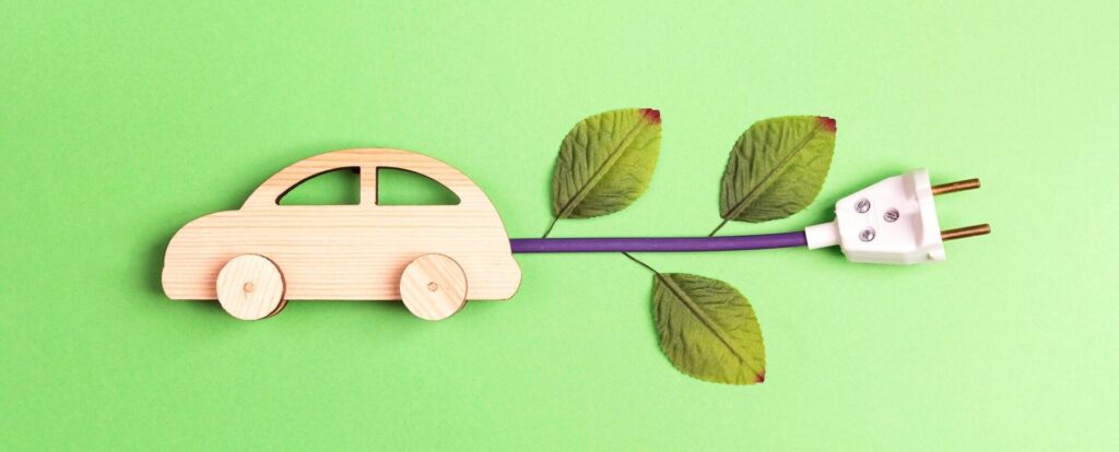 wooden car with a plug and some tree leaves