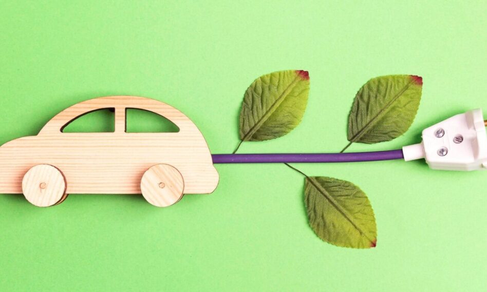 wooden car with a plug and some tree leaves