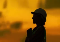 silhouette of female engineer holding laptop