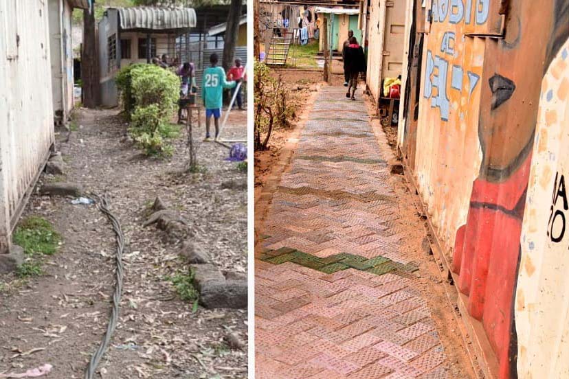 Una calle de Nairobi, antes y después de contar con un pavimento hecho con adoquines de Gjenge Makers. 