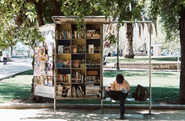 A person in a park reading a book on a bench next to a book stand.