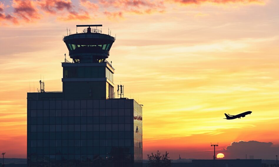 Torre de control y avión empleando el lenguaje de aviación para comunicarse