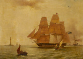 Pintura de Charles Henry Seaforth con el faro de John Smeaton al fondo 