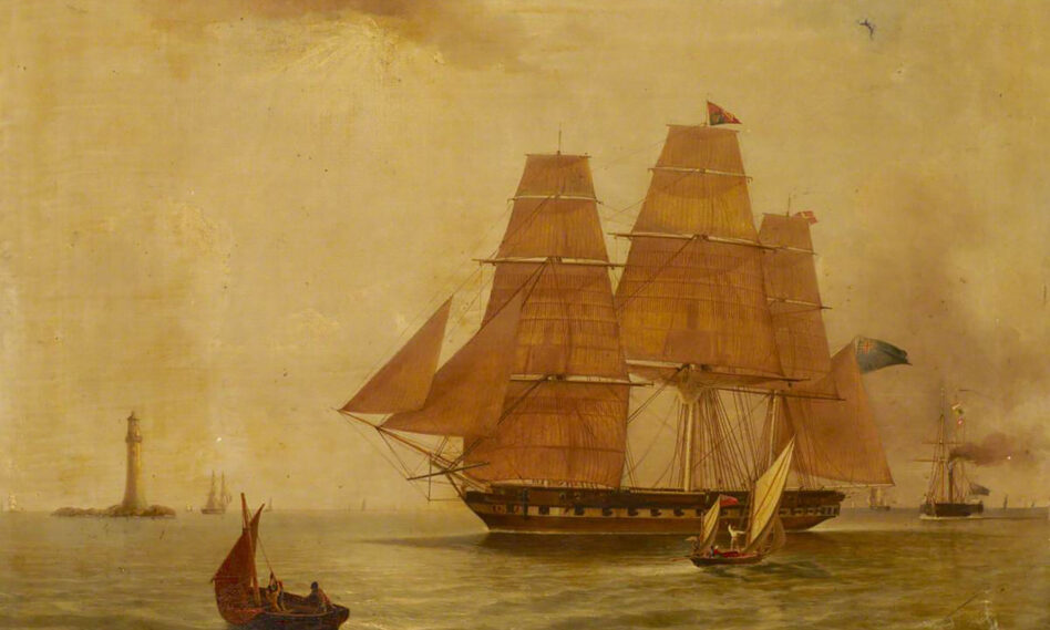 Pintura de Charles Henry Seaforth con el faro de John Smeaton al fondo 