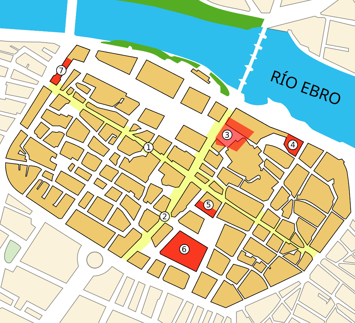 Map of the Roman city of Caesaraugusta over present-day Zaragoza. 