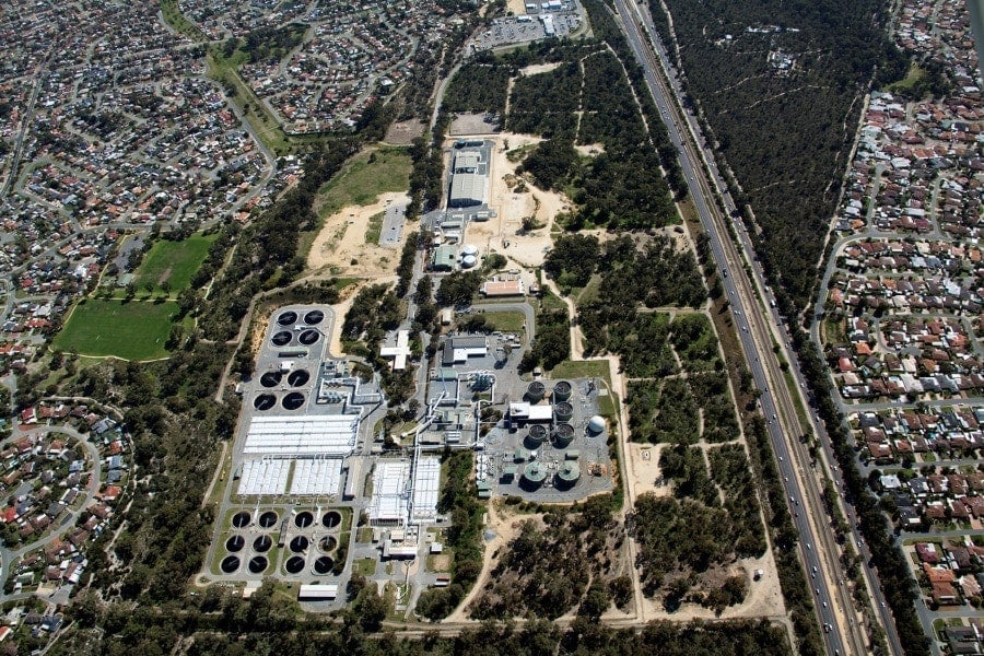 An aerial view of the Beenyup wastewater treatment plant in Australia