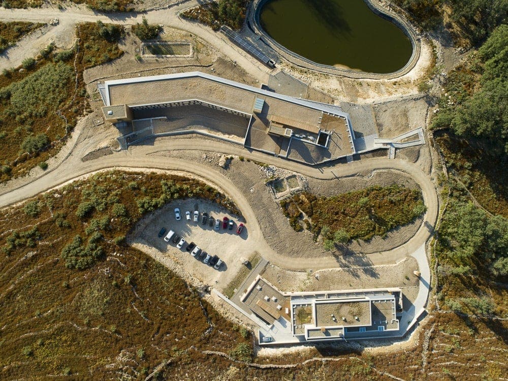 Overhead aerial shot of the buildings