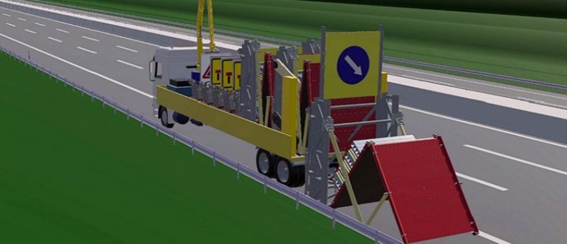 Imagen de ‘Automated Lane Closure System’ en el que un vehículo recoge de manera segura las señales de balizado de las carreteras