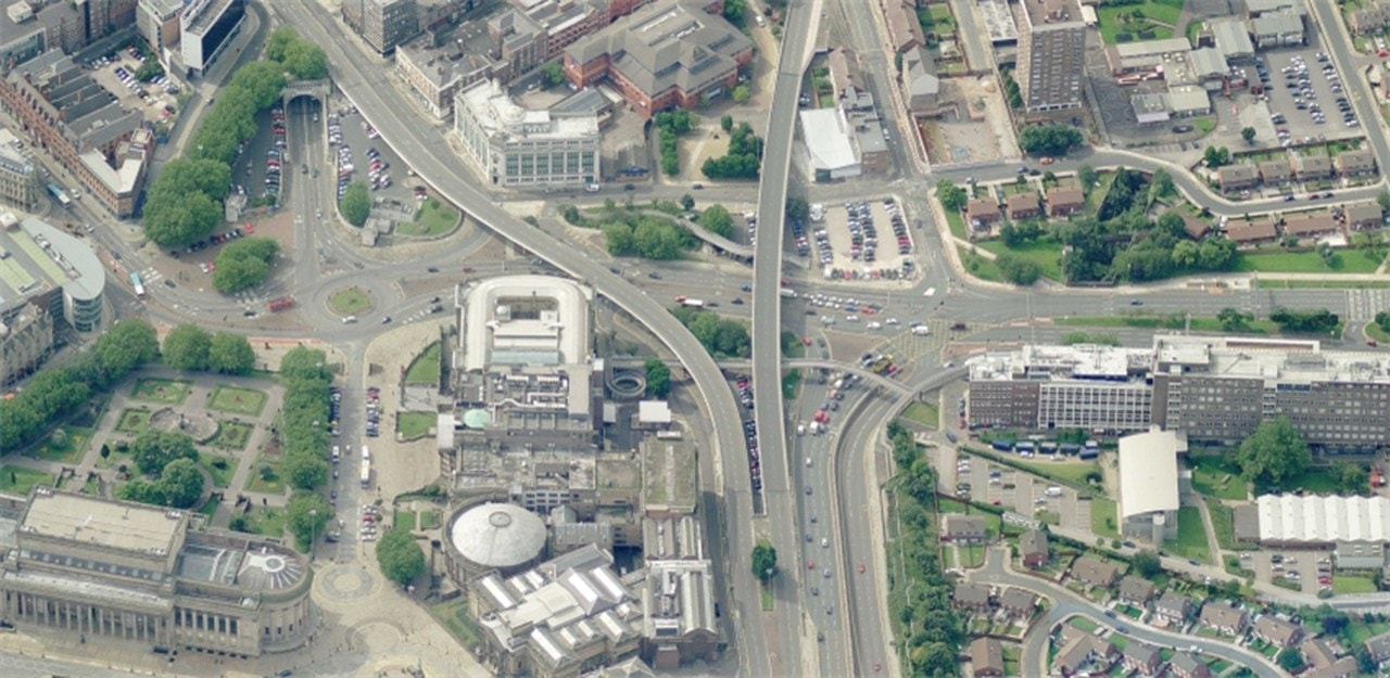 Aerial image of a crossroads with overpasses