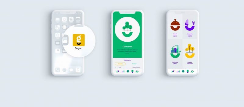 Imagen de 3 teléfonos móviles con la app Dugud